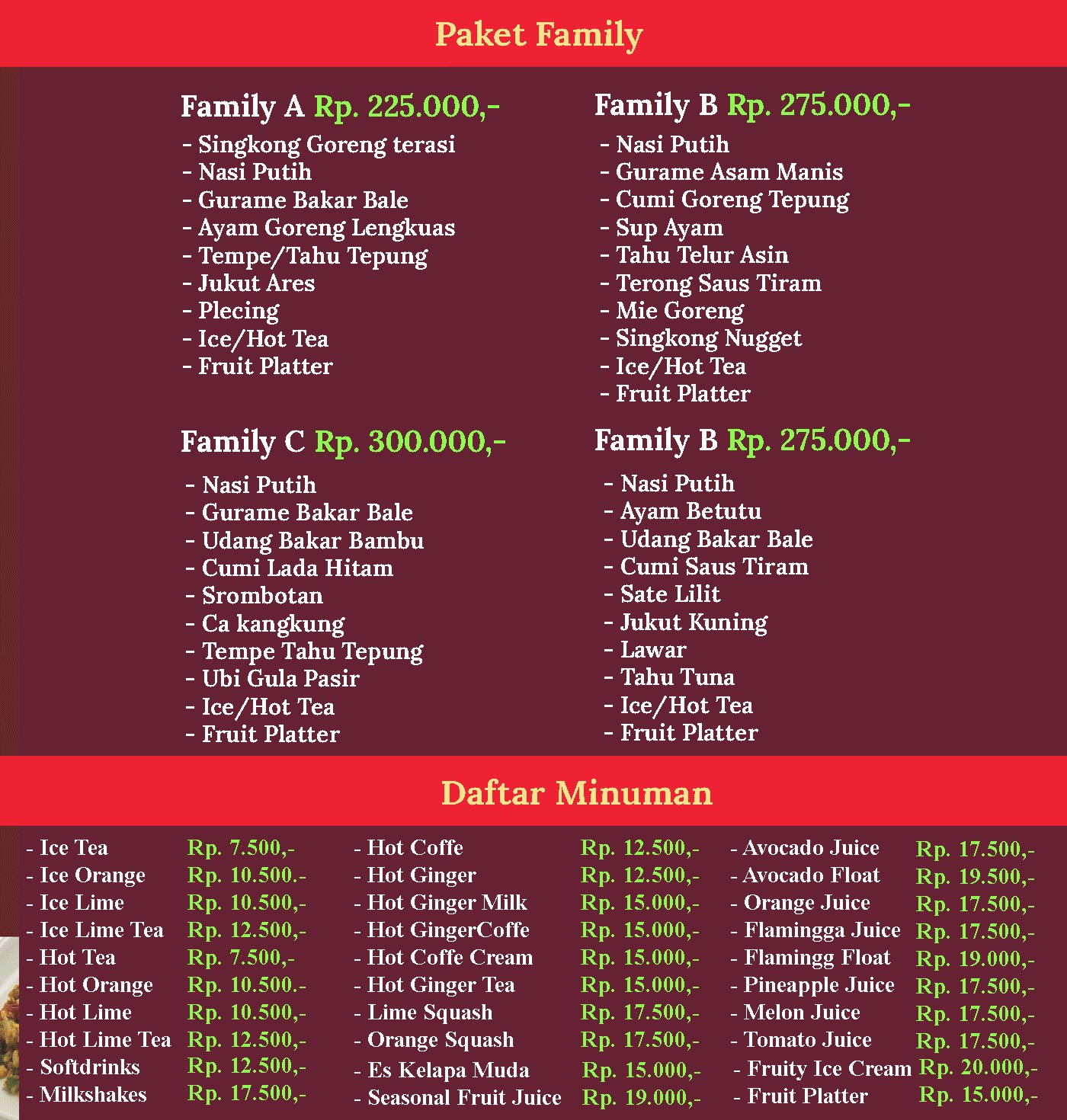 menu paket bale bengong resto jogjakarta